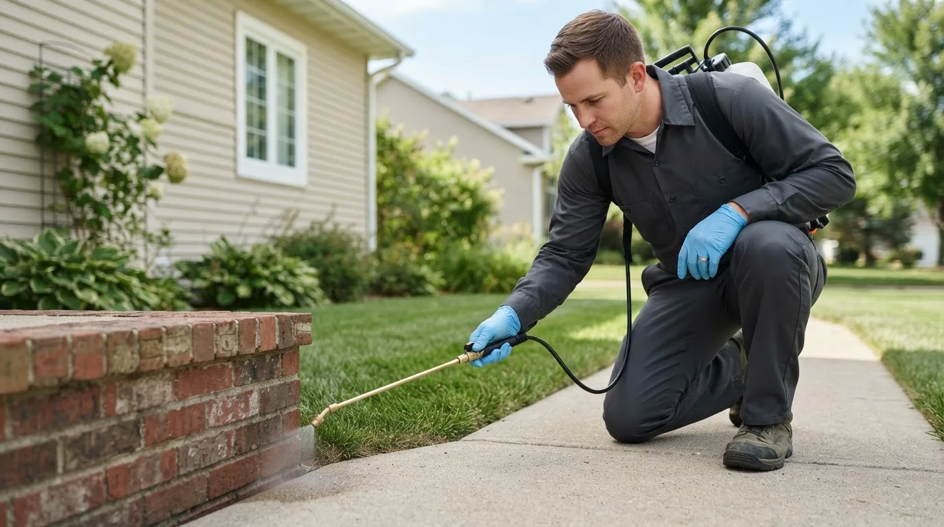 Pest control technician treating a home near Coral, MI