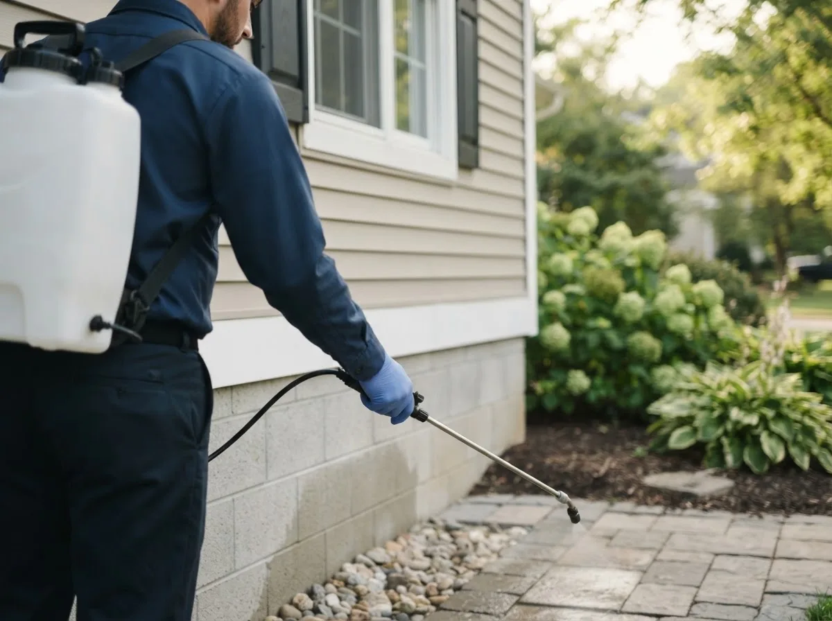 Pest control technician inspecting a home in Coral, MI